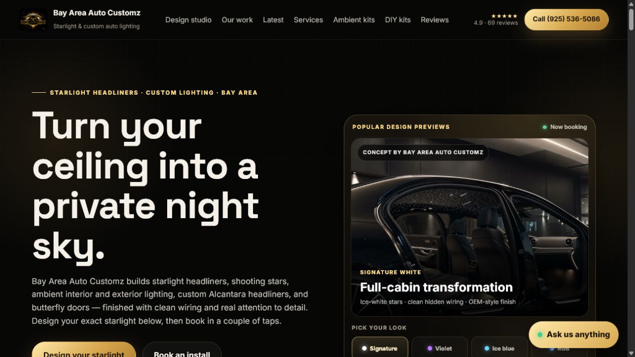 Bay Area Auto Customz website with its starlight headliner design selector