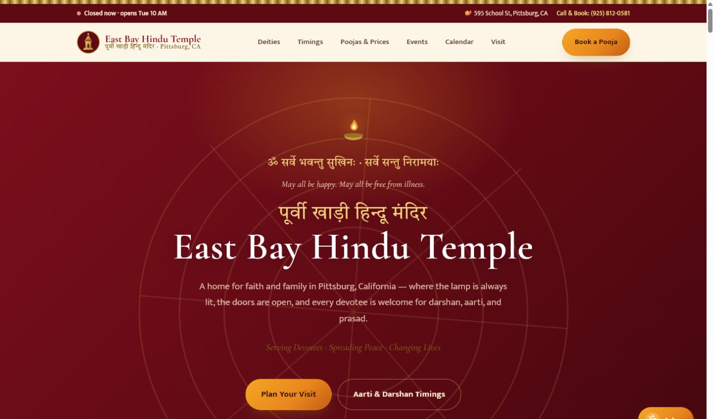 East Bay Hindu Temple redesign with a red and gold cultural visual system
